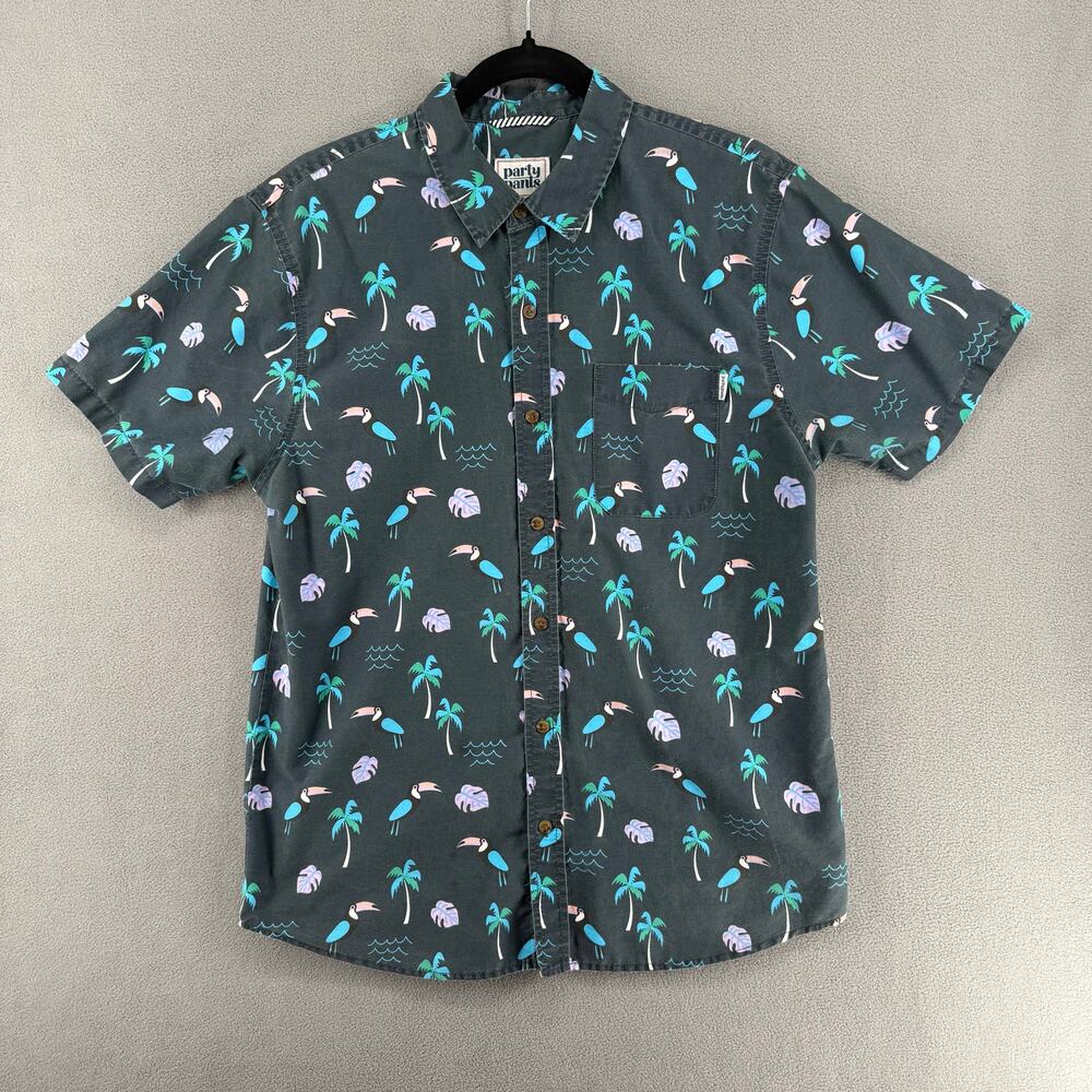 Party Pants Toucan Tropical Hawaiian Button Down Shirt Mens M Black Short Sleeve